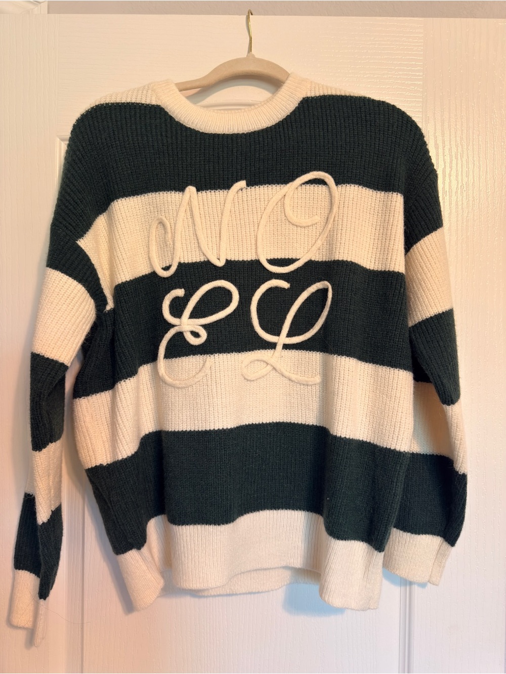 Main Strip Cream and Dark Green Striped Crewneck Sweater with Rope Applique